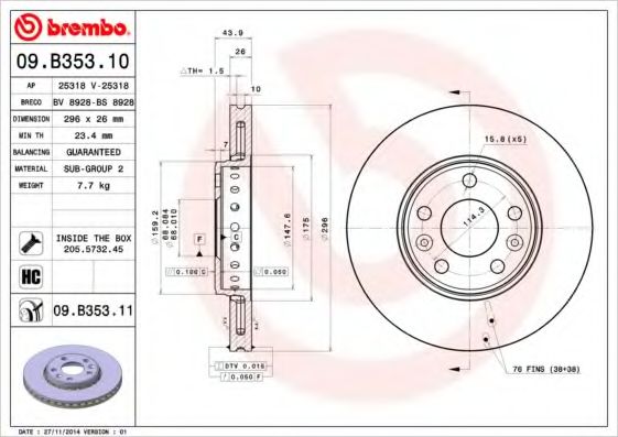 BREMBO - 09.B353.10 - Тормозной диск (Тормозная система)