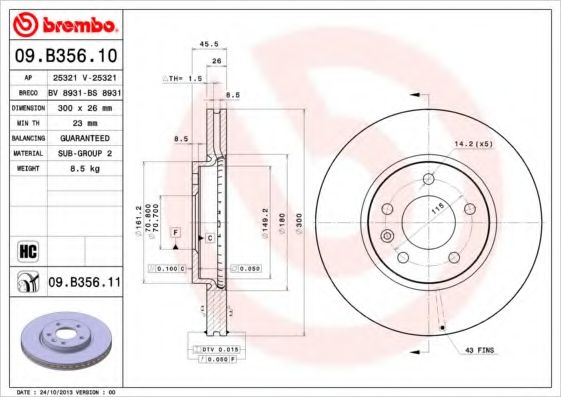 BREMBO - 09.B356.10 - Тормозной диск (Тормозная система)