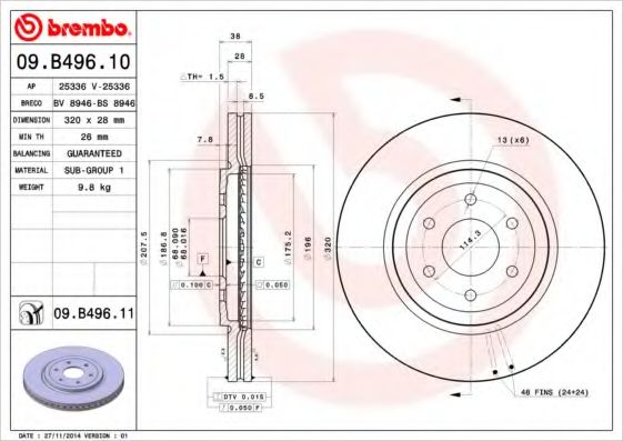 BREMBO - 09.B496.10 - Тормозной диск (Тормозная система)