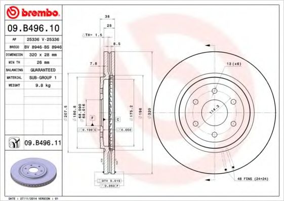 BREMBO - 09.B496.11 - Тормозной диск (Тормозная система)