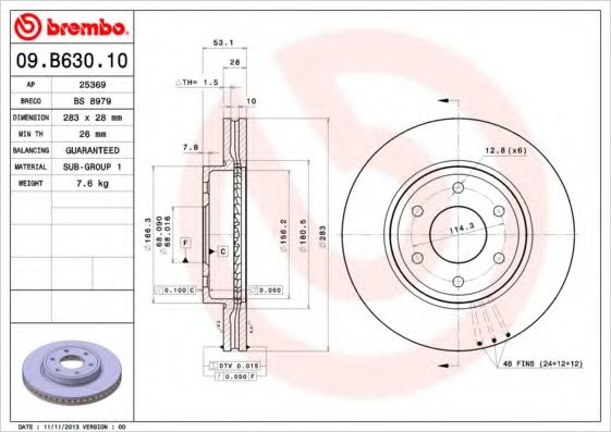 BREMBO - 09.B630.10 - Тормозной диск (Тормозная система)