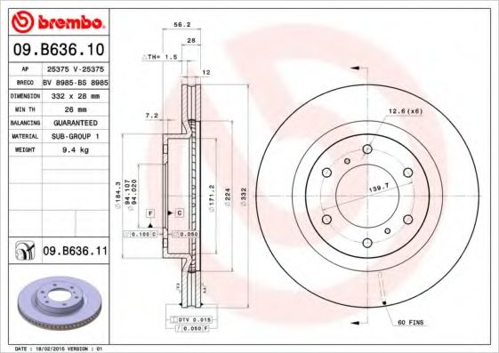 BREMBO - 09.B636.11 - Тормозной диск (Тормозная система)