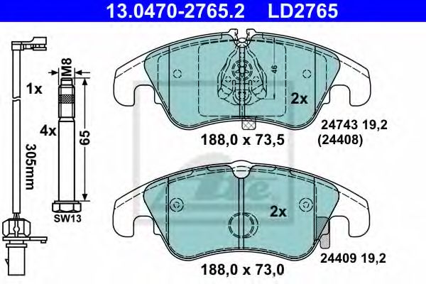 ATE - 13.0470-2765.2 - Комплект тормозных колодок, дисковый тормоз (Тормозная система)