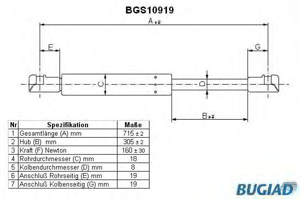 BUGIAD - BGS10919 - Газовая пружина, капот (Кузов)