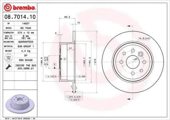 BREMBO - 08.7014.10 - Тормозной диск (Тормозная система)