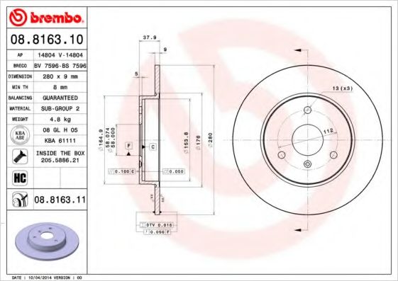 BREMBO - 08.8163.10 - Тормозной диск (Тормозная система)