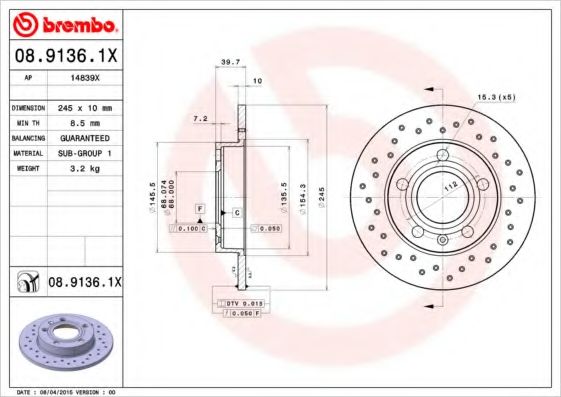 BREMBO - 08.9136.1X - Тормозной диск (Тормозная система)