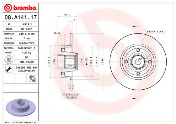 BREMBO - 08.A141.17 - Тормозной диск (Тормозная система)