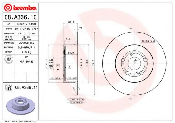 BREMBO - 08.A336.11 - Тормозной диск (Тормозная система)