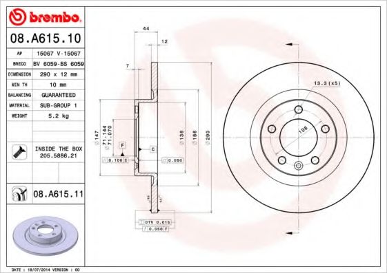 BREMBO - 08.A615.11 - Тормозной диск (Тормозная система)