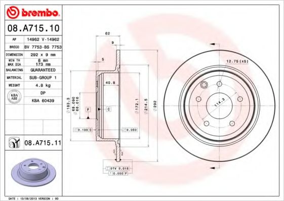 BREMBO - 08.A715.10 - Тормозной диск (Тормозная система)