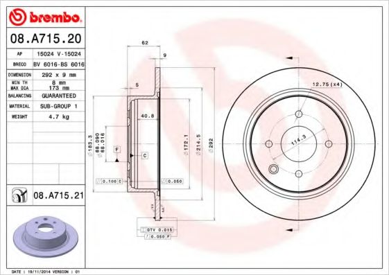 BREMBO - 08.A715.20 - Тормозной диск (Тормозная система)