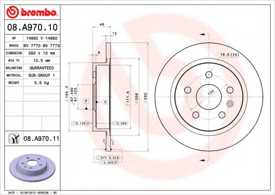 BREMBO - 08.A970.10 - Тормозной диск (Тормозная система)