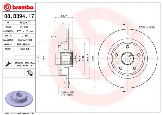 BREMBO - 08.B394.17 - Тормозной диск (Тормозная система)