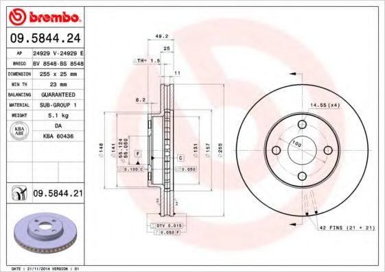 BREMBO - 09.5844.24 - Тормозной диск (Тормозная система)