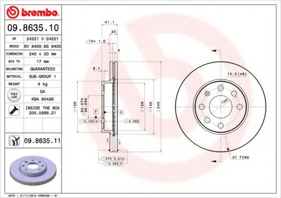 BREMBO - 09.8635.10 - Тормозной диск (Тормозная система)