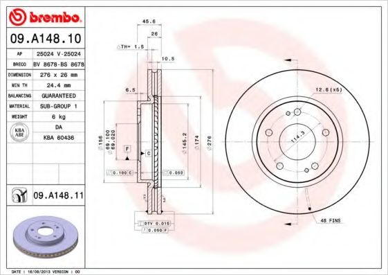 BREMBO - 09.A148.11 - Тормозной диск (Тормозная система)