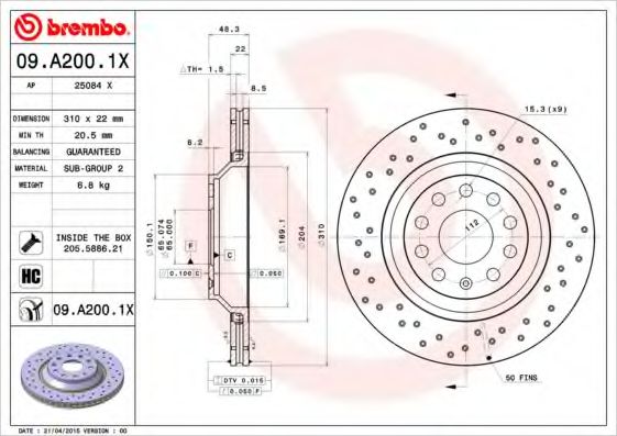 BREMBO - 09.A200.1X - Тормозной диск (Тормозная система)