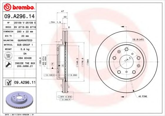 BREMBO - 09.A296.11 - Тормозной диск (Тормозная система)