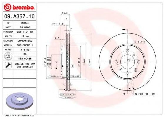 BREMBO - 09.A357.10 - Тормозной диск (Тормозная система)