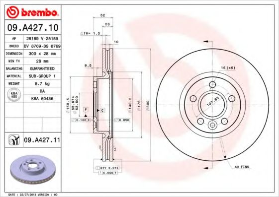 BREMBO - 09.A427.11 - Тормозной диск (Тормозная система)