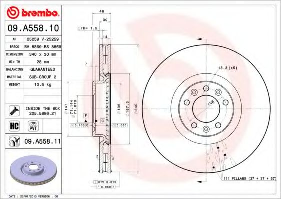 BREMBO - 09.A558.11 - Тормозной диск (Тормозная система)