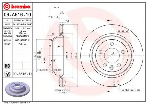 BREMBO - 09.A616.10 - Тормозной диск (Тормозная система)