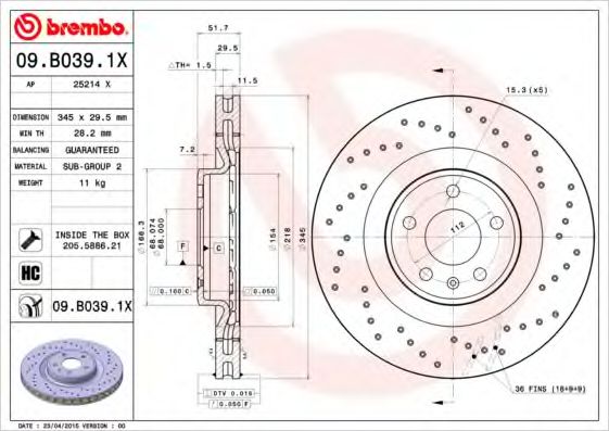 BREMBO - 09.B039.1X - Тормозной диск (Тормозная система)