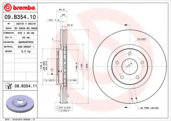 BREMBO - 09.B354.10 - Тормозной диск (Тормозная система)