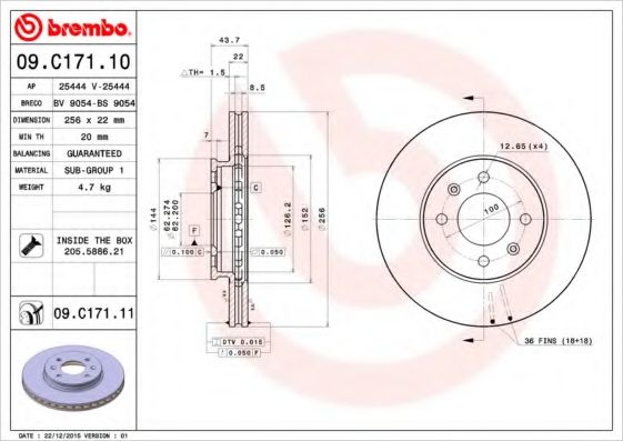 BREMBO - 09.C171.11 - Тормозной диск (Тормозная система)