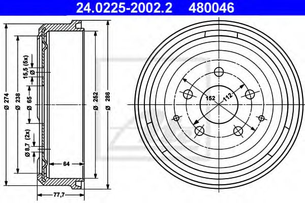 ATE - 24.0225-2002.2 - Тормозной барабан (Тормозная система)