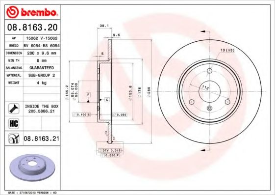 BREMBO - 08.8163.20 - Тормозной диск (Тормозная система)