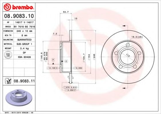 BREMBO - 08.9083.10 - Тормозной диск (Тормозная система)