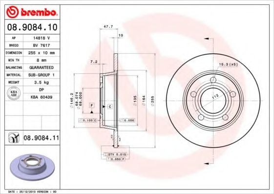 BREMBO - 08.9084.11 - Тормозной диск (Тормозная система)