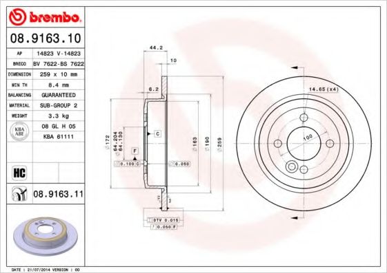 BREMBO - 08.9163.10 - Тормозной диск (Тормозная система)