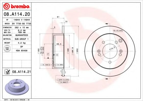 BREMBO - 08.A114.20 - Тормозной диск (Тормозная система)