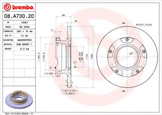 BREMBO - 08.A730.20 - Тормозной диск (Тормозная система)