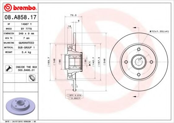 BREMBO - 08.A858.17 - Тормозной диск (Тормозная система)