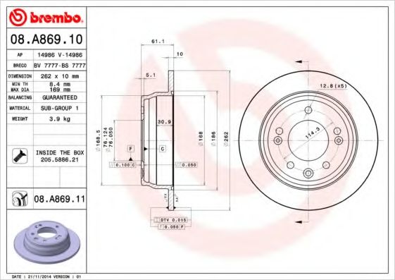 BREMBO - 08.A869.11 - Тормозной диск (Тормозная система)