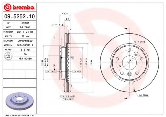 BREMBO - 09.5252.10 - Тормозной диск (Тормозная система)