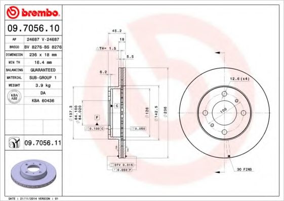 BREMBO - 09.7056.10 - Тормозной диск (Тормозная система)