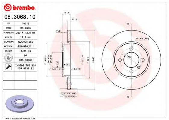 BREMBO - 08.3068.10 - Тормозной диск (Тормозная система)