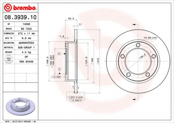 BREMBO - 08.3939.10 - Тормозной диск (Тормозная система)
