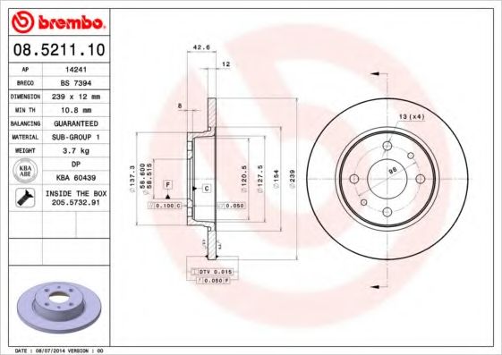BREMBO - 08.5211.10 - Тормозной диск (Тормозная система)