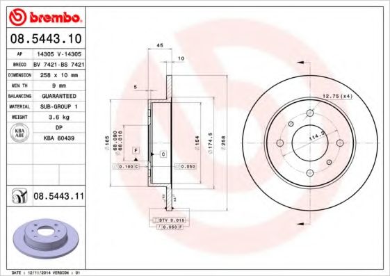 BREMBO - 08.5443.11 - Тормозной диск (Тормозная система)