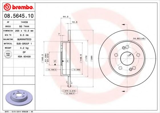 BREMBO - 08.5645.10 - Тормозной диск (Тормозная система)