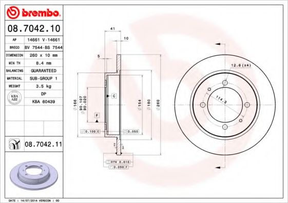 BREMBO - 08.7042.10 - Тормозной диск (Тормозная система)