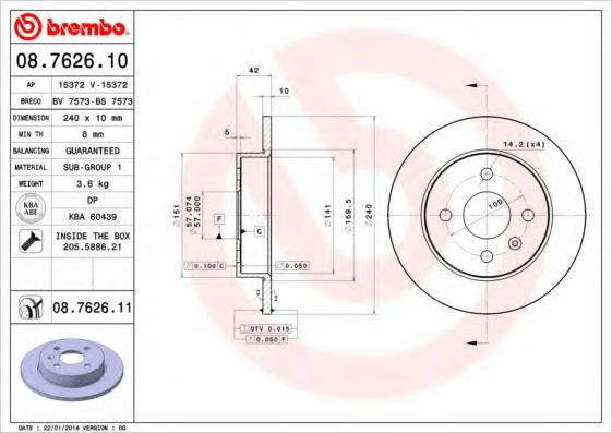 BREMBO - 08.7626.10 - Тормозной диск (Тормозная система)