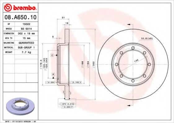 BREMBO - 08.A650.10 - Тормозной диск (Тормозная система)