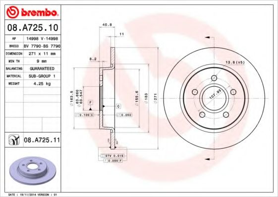 BREMBO - 08.A725.10 - Тормозной диск (Тормозная система)